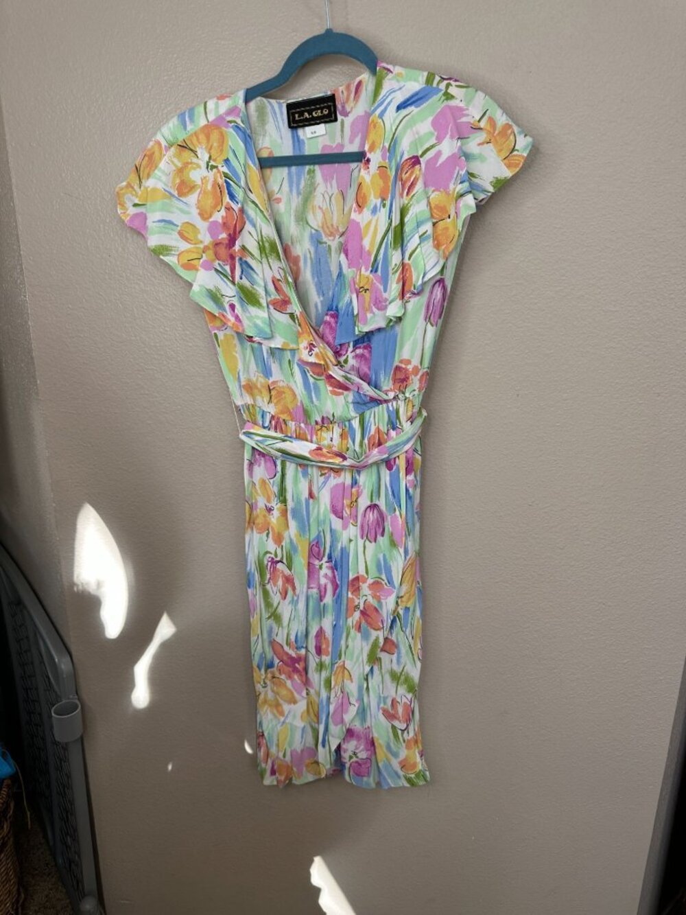 L.A. Glo Womens Floral Wrap Dress 5/6 Rayon Multicolor V-Neckline Short Sleeves